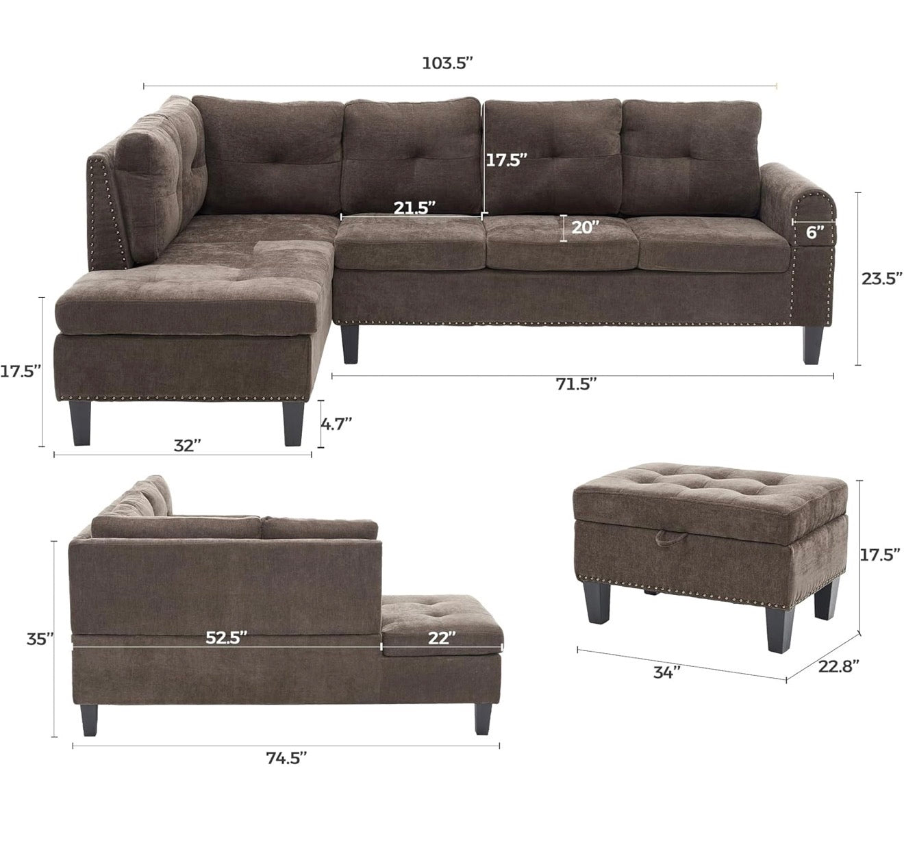 🛋️ Brandon Brown – Modular L-Shaped Sectional w/ Storage Ottoman (Brand New)